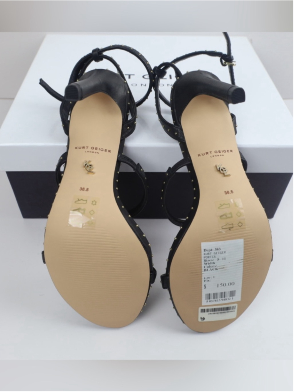 Kurt Geiger Portia Black Leather Gold Studded Strappy Heel Sandal -36.5/6.5 0511 - Picture 12 of 15